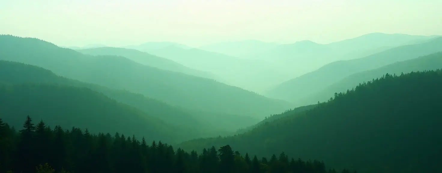 Colline verdeggianti ricoperte di boschi avvolte dalla delicata nebbia mattutina