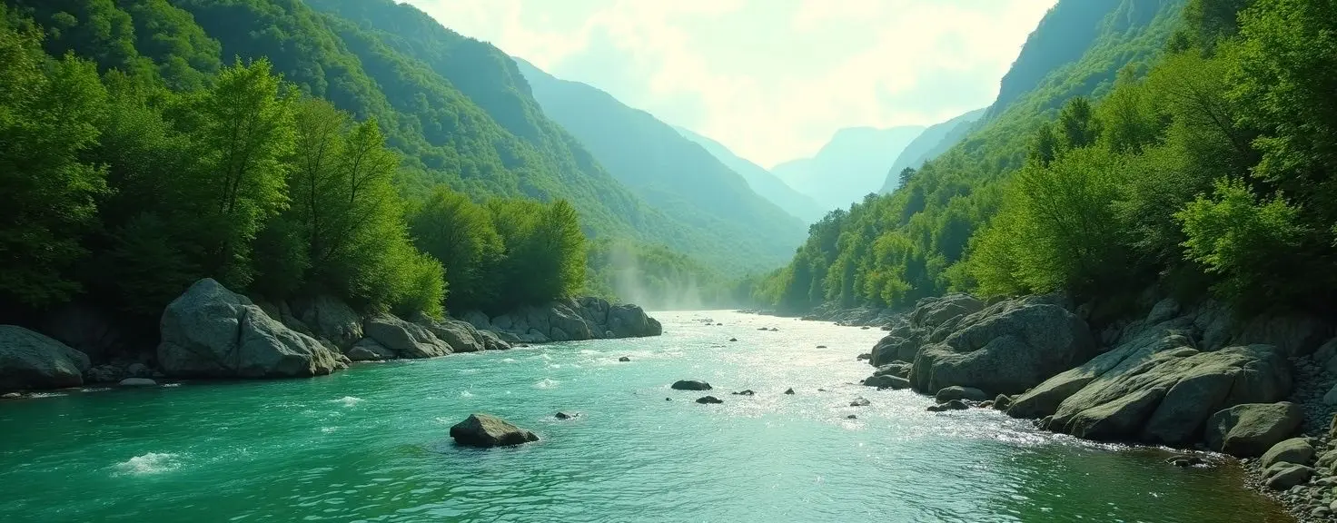 Un fiume cristallino che serpeggia attraverso una valle rigogliosa e verdeggiante